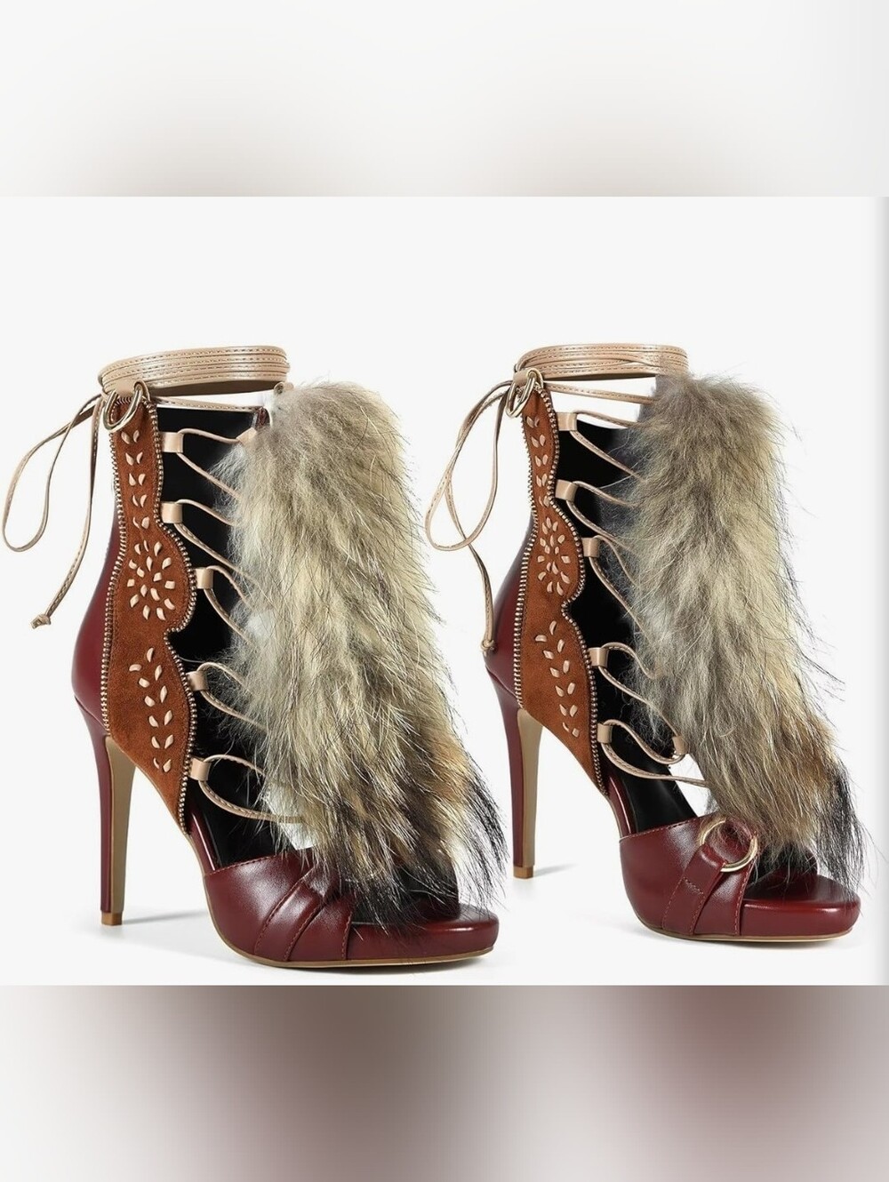 Women's Faux Fur Lace-Up High Heel Sandals - Brown